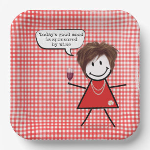 Stokpoppetje Met Wijn Glas Op Gingham  Papieren Bordje