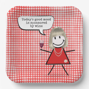 Stokpoppetje Met Wijn Glas Op Gingham Papieren Bordje