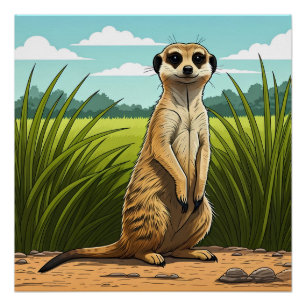 Stokstaartje alert staand in een veld met gras perfect poster