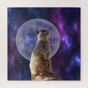 Stokstaartje op blauwe volle maan nacht, legpuzzel