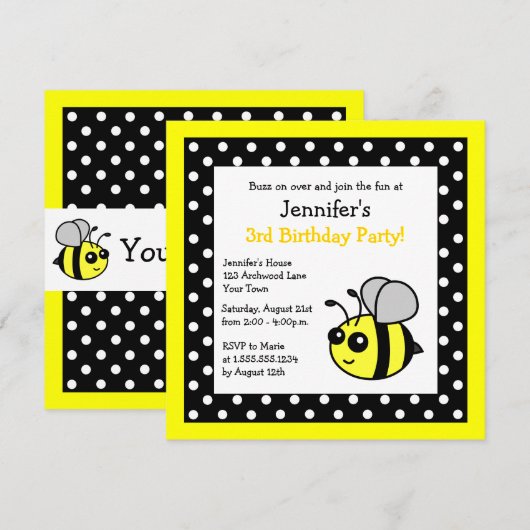 Stombaard Birthday Black & Yellow Polka Dots Kaart (Voorkant / Achterkant)