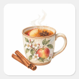 Stomende mok met gekruide cider en kaneelstokken vierkante sticker