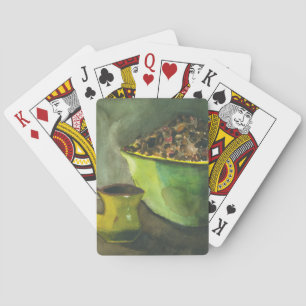 Stomende Ochtendbeker met Koffiebonen Pokerkaarten