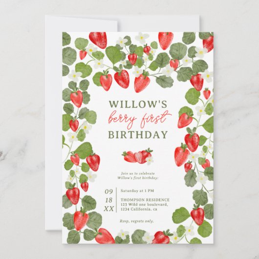 Stomme aardbeien bloem rode bessen 1 e verjaardag kaart (Voorkant)