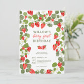 Stomme aardbeien bloem rode bessen 1 e verjaardag kaart (Staand voorkant)