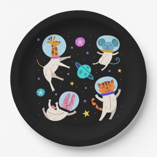 Stomme astronautdieren die in de ruimte zweven papieren bordje (Voorkant)