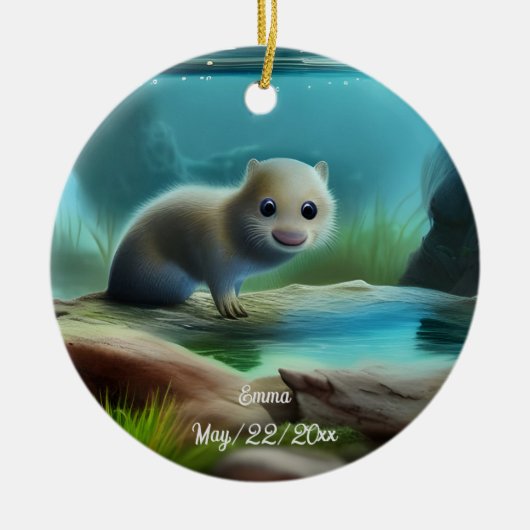 Stomme baby otter in vijver - personaliseerbaar keramisch ornament (Voorkant)