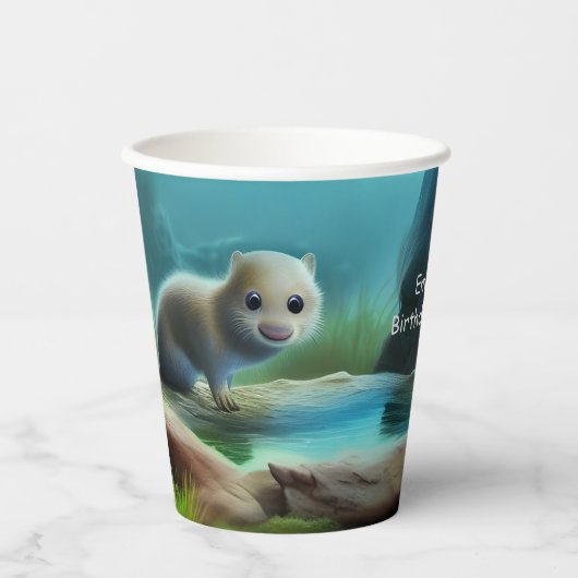 Stomme baby otter in vijver - personaliseerbaar papieren bekers (Voorkant)