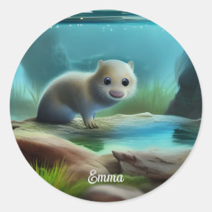 Stomme baby otter in vijver - personaliseerbaar ronde sticker