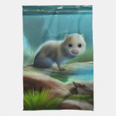 Stomme baby otter in vijver - theedoek (Verticaal)