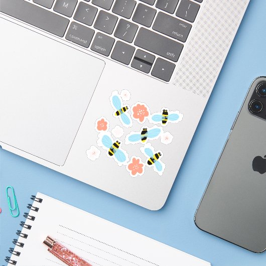 Stomme bijen bloemen sticker (Laptop met iPhone)