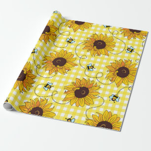 Stomme bijen zonnebloemen op een ingecheckte achte cadeaupapier