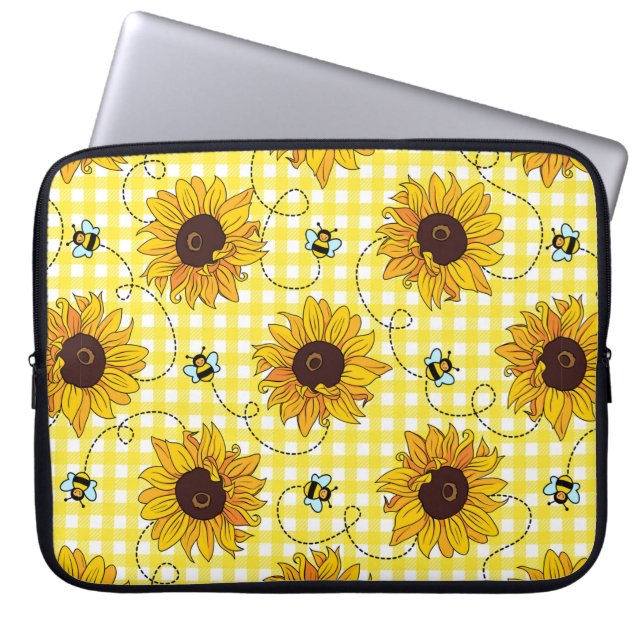 Stomme bijen zonnebloemen op een ingecheckte achte laptop sleeve (Voorkant)