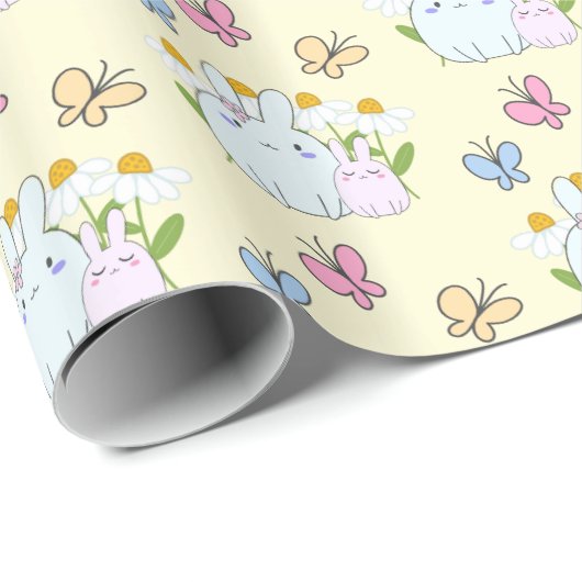 Stomme Bunnies met Daisies en Butterflies Pattern Cadeaupapier (Rol Hoek)