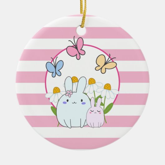 Stomme Bunnies met lentedagen en vlinders Keramisch Ornament (Voorkant)
