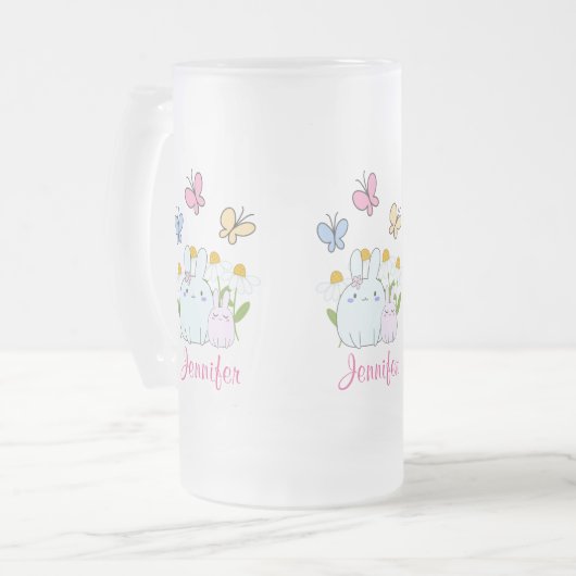 Stomme Bunnies met lentedagen en vlinders Matglas Bierpul (Voorkant links)
