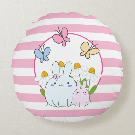 Stomme Bunnies met lentedagen en vlinders Rond Kussen (Voorkant)