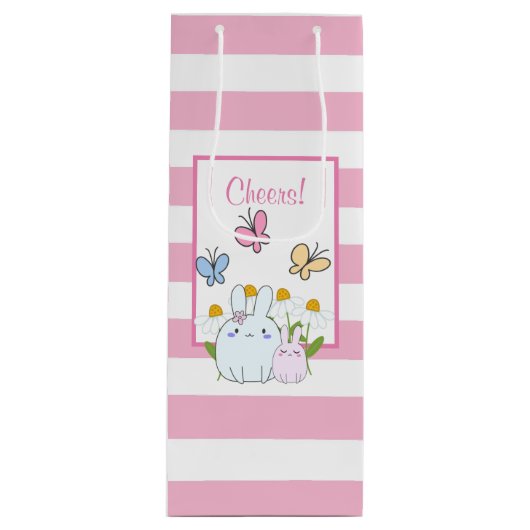 Stomme Bunnies met lentedagen en vlinders Wijn Cadeautas (Voorkant)