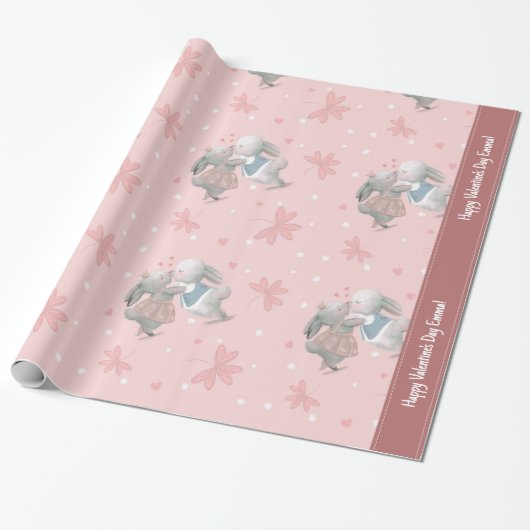 Stomme Bunnies op roze Valentijnsdag Pattern Cadeaupapier (Uitgerold)