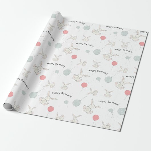 Stomme bunny en Balloons Birthday Wrapping Paper Cadeaupapier (Uitgerold)