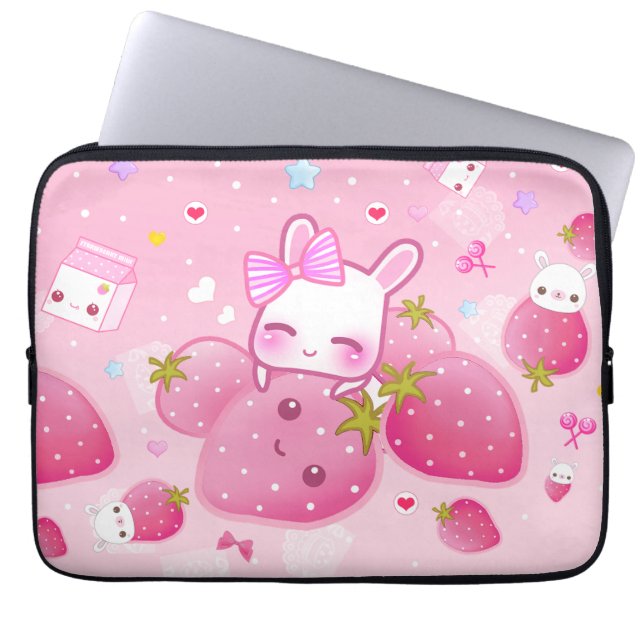 Stomme bunny en kawaii aardbeien laptop sleeve (Voorkant)
