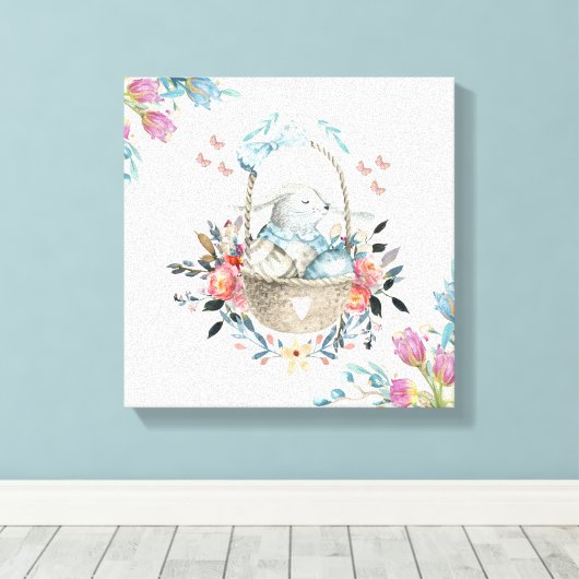Stomme Bunny in een mand met eieren en bloemen Canvas Afdruk (Insitu (Houten vloer))