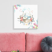 Stomme Bunny in een mand met eieren en  bloemen Canvas Afdruk (Insitu (Woonkamer))