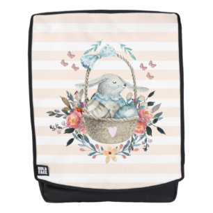 Stomme Bunny in een mand met eieren en  bloemen Rugtassen