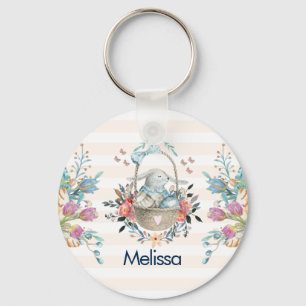 Stomme Bunny in een mand met eieren en  bloemen Sleutelhanger