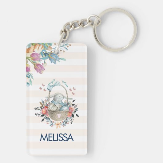 Stomme Bunny in een mand met eieren en bloemen Sleutelhanger (achterkant)