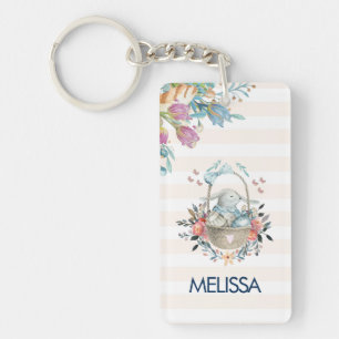 Stomme Bunny in een mand met eieren en  bloemen Sleutelhanger