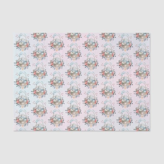 Stomme Bunny in een mand met eieren en bloemen Tissuepapier (Voorkant)