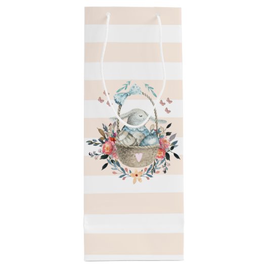 Stomme Bunny in een mand met eieren en bloemen Wijn Cadeautas (Achterkant)