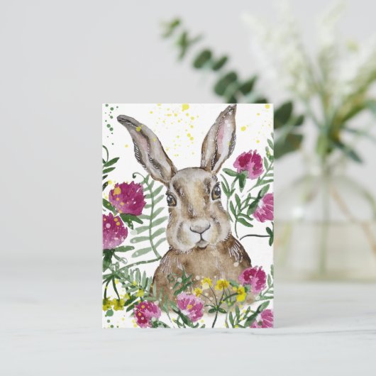 Stomme bunny in waterverf bloemen briefkaart (Staand voorkant)
