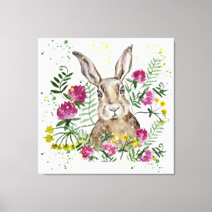 Stomme bunny in waterverf bloemen canvas afdruk