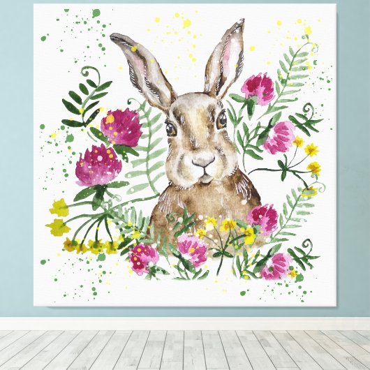 Stomme bunny in waterverf bloemen canvas afdruk (Insitu (Houten vloer))