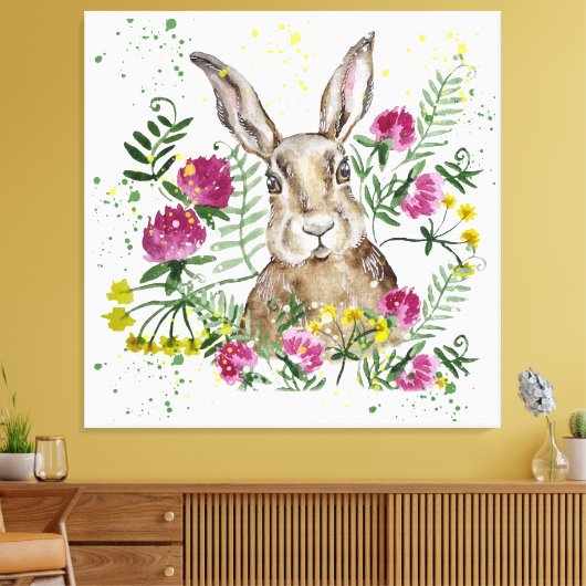 Stomme bunny in waterverf bloemen canvas afdruk (Insitu (Woonkamer))