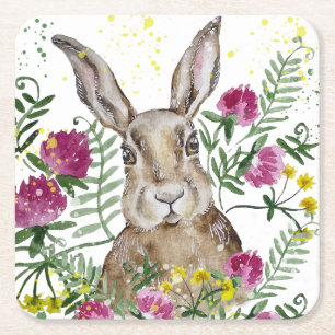 Stomme bunny in waterverf bloemen kartonnen onderzetters