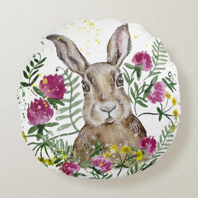 Stomme bunny in waterverf bloemen rond kussen (Voorkant)