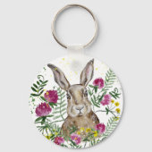Stomme bunny in waterverf bloemen sleutelhanger (Voorkant)