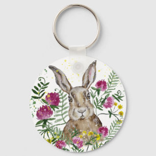 Stomme bunny in waterverf bloemen sleutelhanger