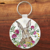 Stomme bunny in waterverf bloemen sleutelhanger (Voorkant)