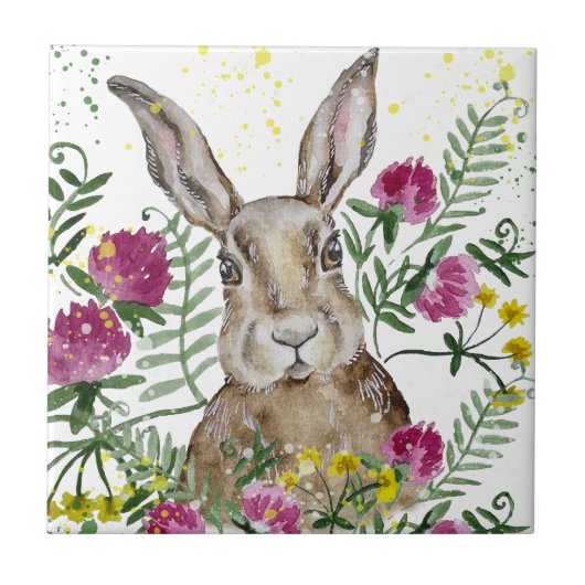 Stomme bunny in waterverf bloemen tegeltje (Voorkant)