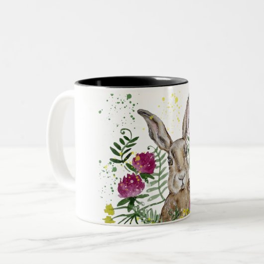 Stomme bunny in waterverf bloemen tweekleurige koffiemok (Voorkant links)