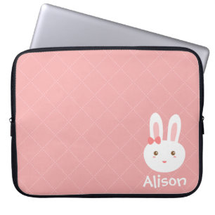 Stomme Bunny op roze Stippen en vierkant Patroon Laptop Sleeve