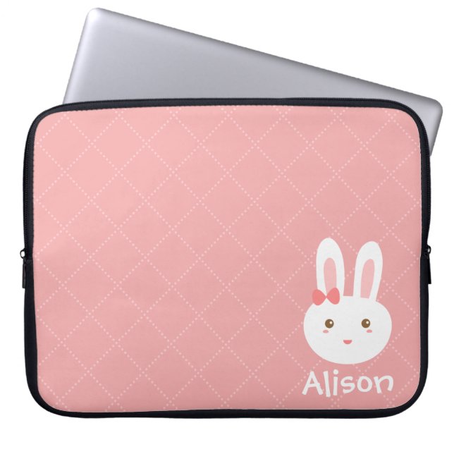 Stomme Bunny op roze Stippen en vierkant Patroon Laptop Sleeve (Voorkant)