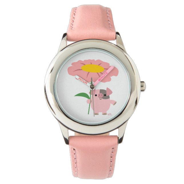 Stomme Cartoon biglet met Gift (roze) horloge (Voorkant)