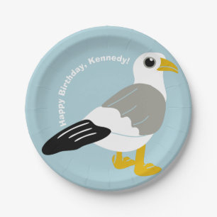 Stomme Cartoon Seagull Light Blue Papieren Bordje