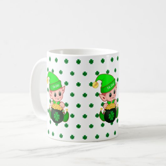Stomme elf, gouden munten en geluksklavers koffiemok (Voorkant links)