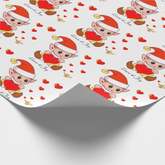 Stomme elf met liefdesharten op witte achtergrond cadeaupapier (Hoek)